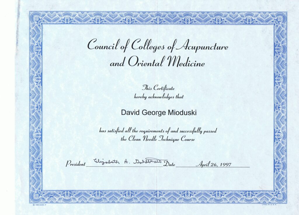 Council of Colleges of Acupuncture and Oriental Medicine   Clean Needle Technique Certificate USA 1997